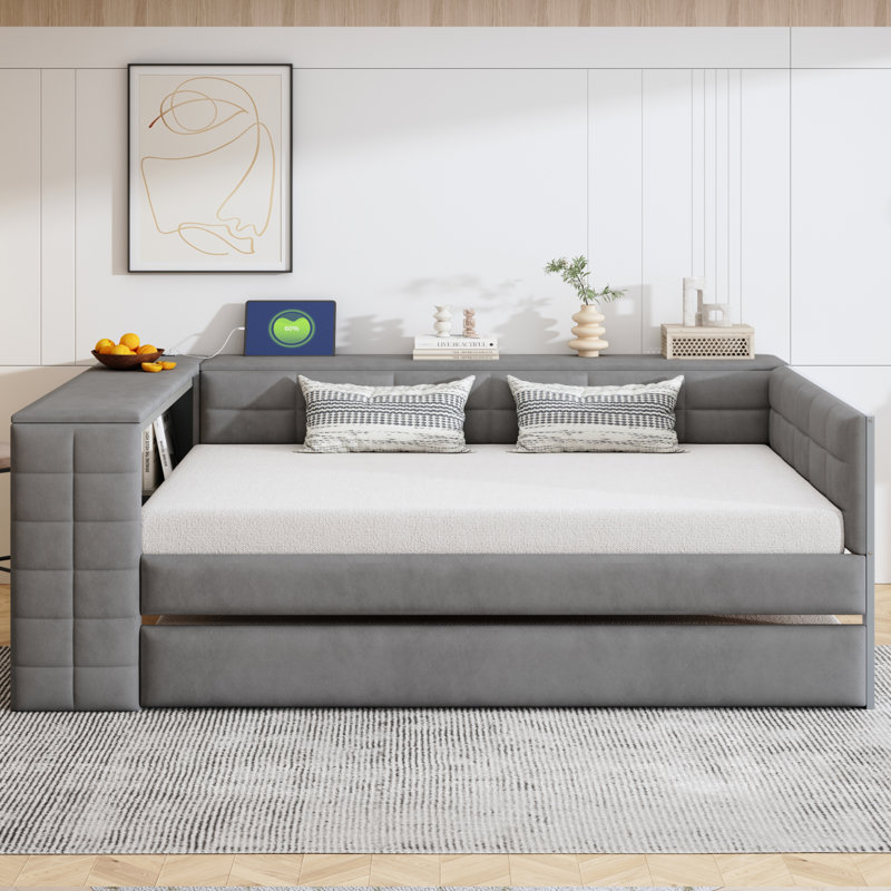 Upholstered Daybed With Charging Station And Trundle, Gray