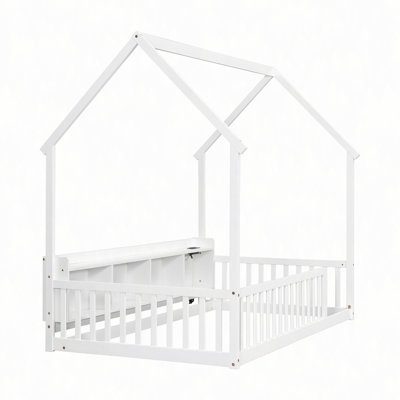 House Floor Bed with Storage Shelves,Built-in LED Lights & Charging Station,Pine Wood Floor Bed with Safety Guardrails