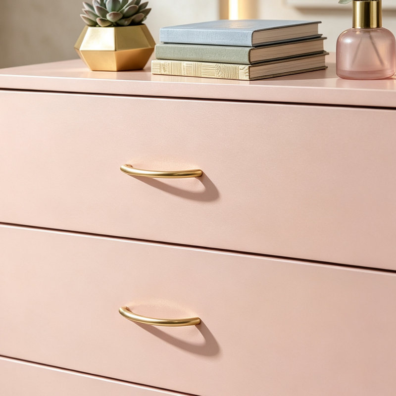 Commode 3 tiroirs avec fausses poignées en or rose, commode rose pour chambre à coucher et salon - Armoire de rangement minimaliste moderne