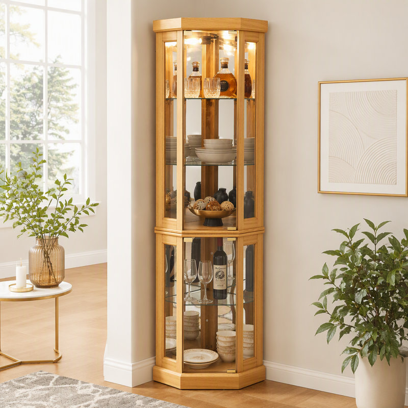 Vitrine de coin lumineuse pour présenter des objets de collection, des verres à vin et des verres de bar avec un design élégant et des tablettes réglables
