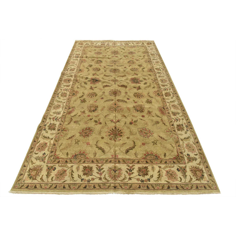 Tapis beige en laine noué à la main de conception unique 8 pi 11 po x 14 pi 9 po