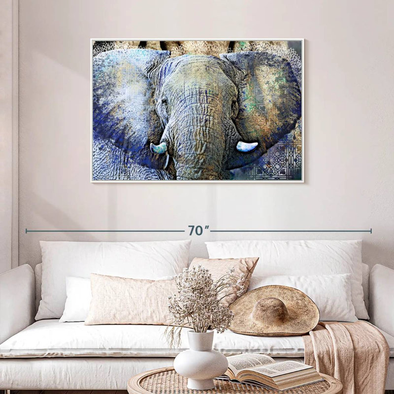 Éléphant, Cadre flottant blanc, 43 po x 29 po
