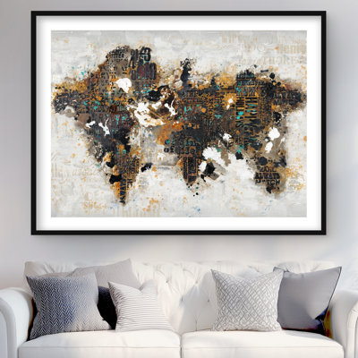 Carte du monde abstraite avec typographie - reproduction encadrée moderne