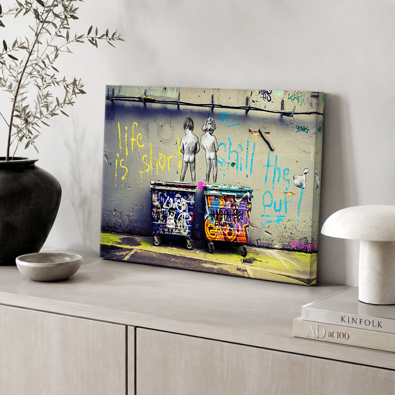 Pop Urban Street "Life Is Short, Chill The Duck Out Banksy Colorful Framed Canvas Print Wall Art, 32" H x 48" W, No Frame