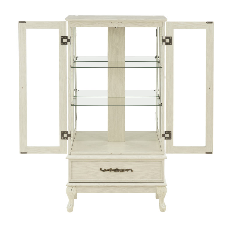 Antique White Lighted Glass Curio Cabinet with Adjustable Shelves