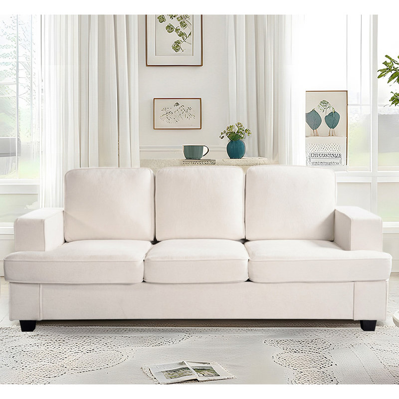Canapé 3 places en velours à assise profonde, mousse haute, pour appartement, salon, bureau 3 places et idéal, Ivoire ivoire