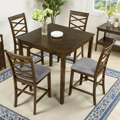 Ensemble de salle à manger 5 pièces à hauteur de comptoir - plateau carré de 34 po, hauteur de bar de 36 po, chaises à dossier croisé, riche placage de noyer, coussins en lin, fabriqué au Vietnam, maison de campagne moderne