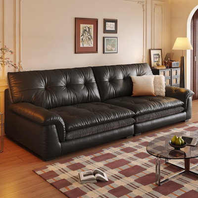 Black Genuine Leather Modular Sofa cushion Threeseat