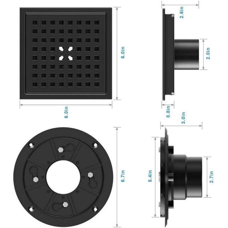 6" Classic Square Shower Floor Drain, Black