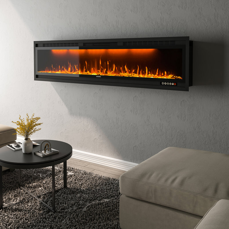76.43'' W Wall Mounted and Recessed Electric Fireplace with Multicolor Flame, Timer, Remote Control