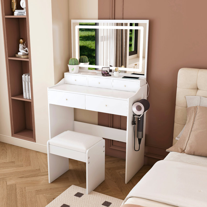 New Large Mirror Vanity Desk For Bed Room  , Modern Makeup Vanity Set With Power Outlet And Hair Dryer Holder, 5 Drawers , 3 Lighting Color Adjustable Dressing Table For Bedroom, White Color