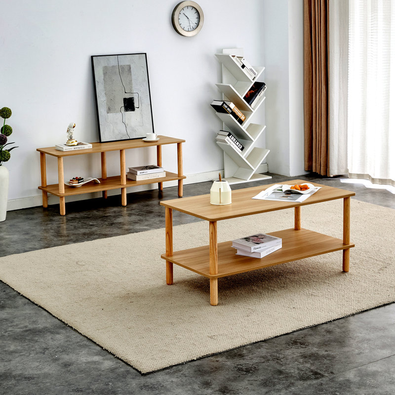 Modern 2-Tier Tv Stand For Living Room Furniture,Rectangular Centre Table With Open Storage Shelf,Rounded Rubberwood Legs,Stable And Durable,Easy Assembly
