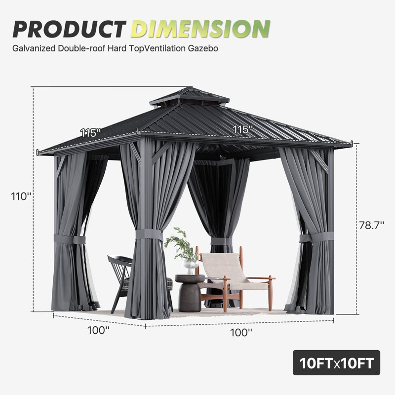 Gray Hardtop Gazebo, Gray, 10 Ft. W X 10 Ft. D
