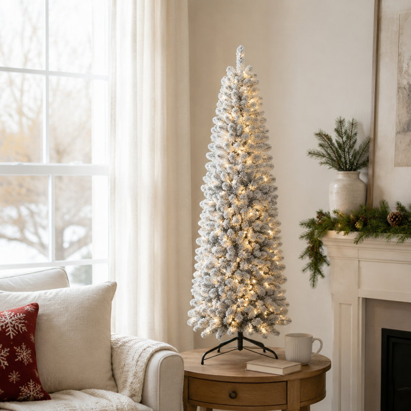 Pre-Lit Slim Artificial Christmas Tree- Warm White LEDs, Full Branch Tips, 9 Light Modes, Snow-Flocked PVC Branches, Metal Stand, Space-Saving Pencil Tree, Christmas Decorations