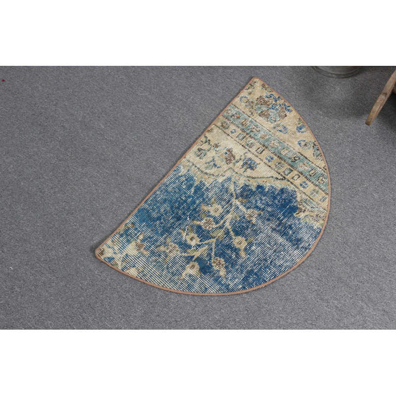 Vintage Blue Turkish Round Rug Ideal For Nursery With Personalized Door Mat Functionality and Unique Anatolian Design