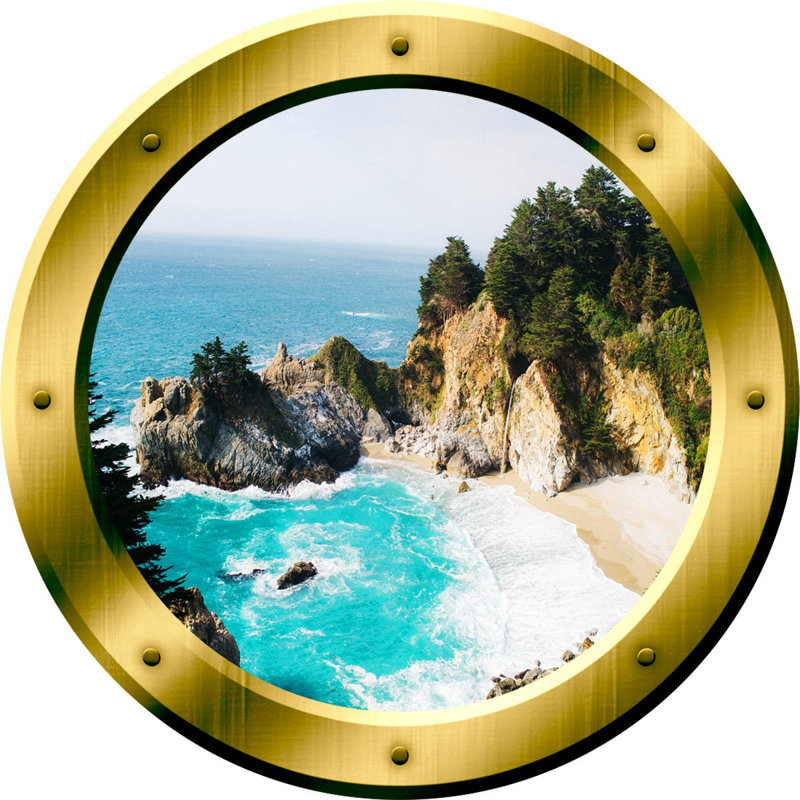 Adhésif décoratif hublot 3d beach view, H 14 po x l 14 po x P 0,01 po, Jaune / Bleu