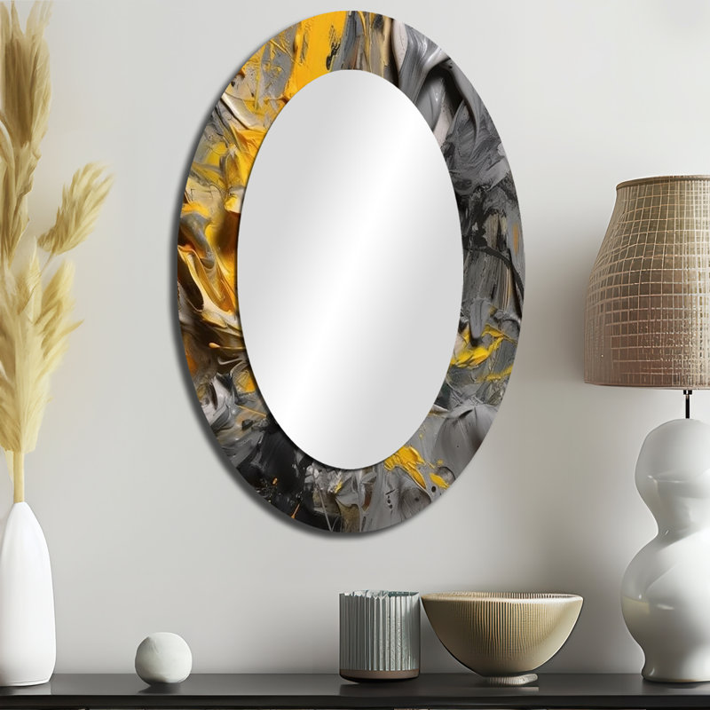 Bliss Of Happiness In Gray And Yellow - Gray Oval Wall Mirror Decor, 36" x 24"
