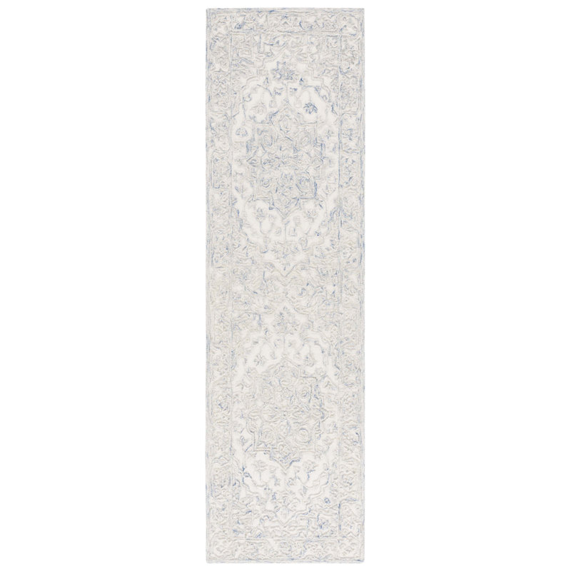 Ivory and Blue Hand Tufted Wool Runner Rug, 2'3" x 8'