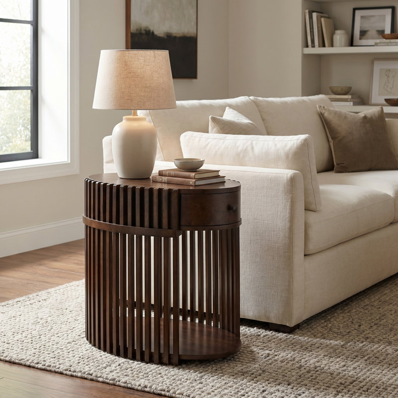 Estie Wood Slatted Chairside End Table With Charging Station, Espresso