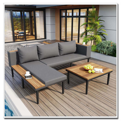 Ensemble de canapé de patio en L en bois d'acacia avec table d'appoint et coussins de 3,15 po