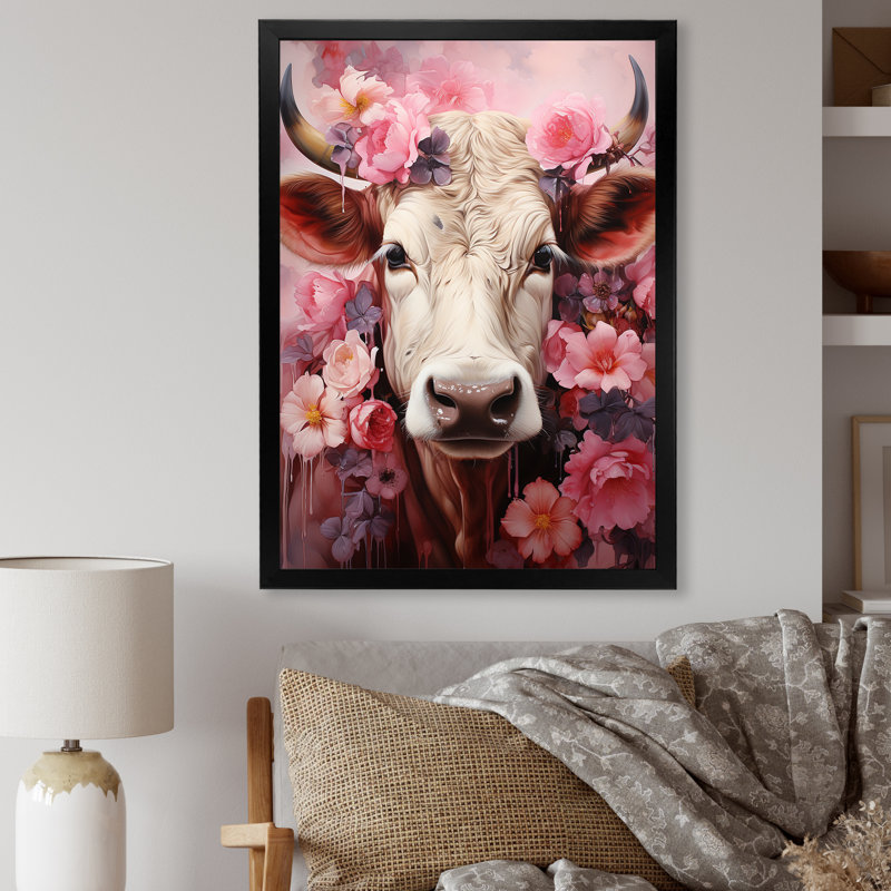 Romantisme, portrait de vache rose sur toile, Cadre simple noir, H 20 po x l 12 po x P 1 po