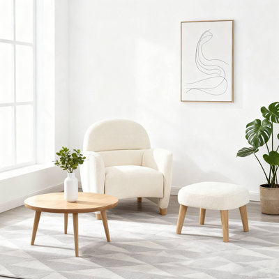  Fauteuil d'appoint moderne avec repose-pieds, fauteuil rembourré et repose-pieds, joli fauteuil de lecture pour le salon et la chambre à coucher, beige et blanc