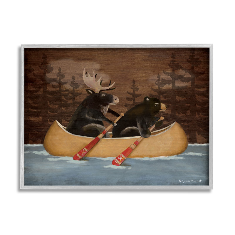 «Canoeing Animals Rustic Woodland» par Stephanie Workman Marrott - cadre flottant, impression sur bois
