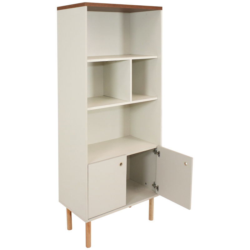 Bibliothèque Mid-Century moderne à 5 tablettes avec armoire de rangement, latte