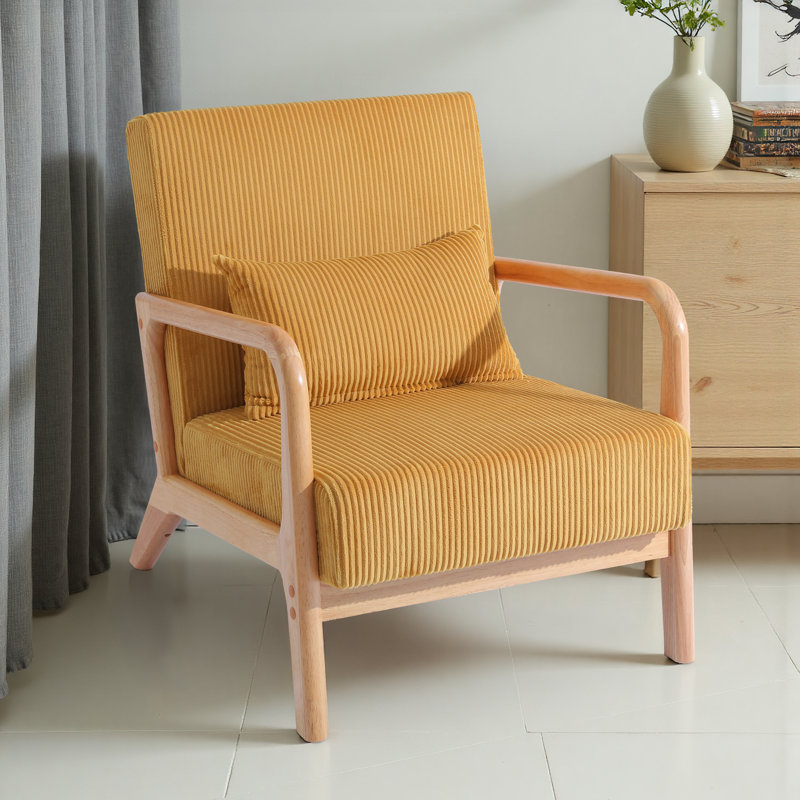 Fauteuil d'appoint Jyrin Mid Century, Velours côtelé orange, Bois naturel