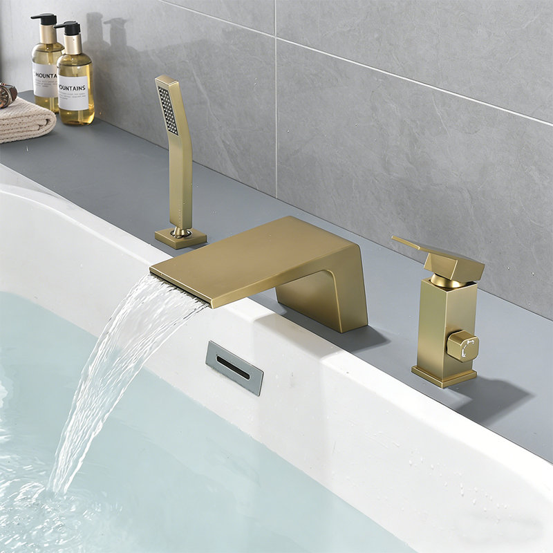 Roman Deck Mount Waterfall Tub Faucet With Handheld Shower, Single Handle, 2-Mode Water Outlet, Brushed Gold