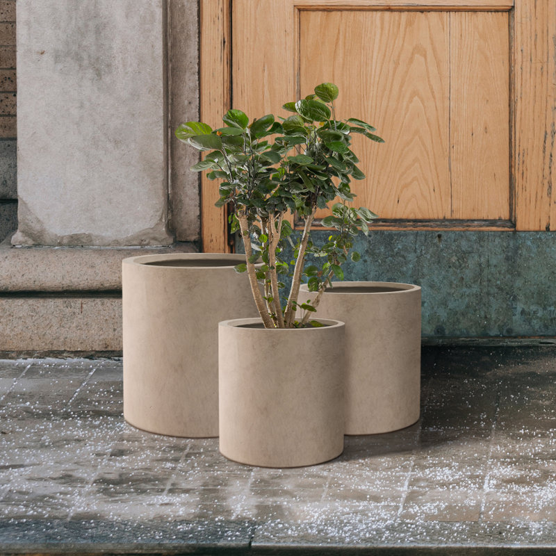 Kante 3 Piece 15.8", 12.9", and 9.8"H Cylindrical Weathered Finish Lightweight Concrete Modern Planters, Outdoor Indoor Decorative Plant Pots with Drainage Hole and Rubber Plug Set