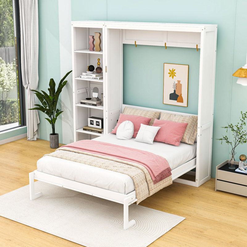 Lit escamotable en bois avec tablettes et lattes Geva, Grand, Blanc