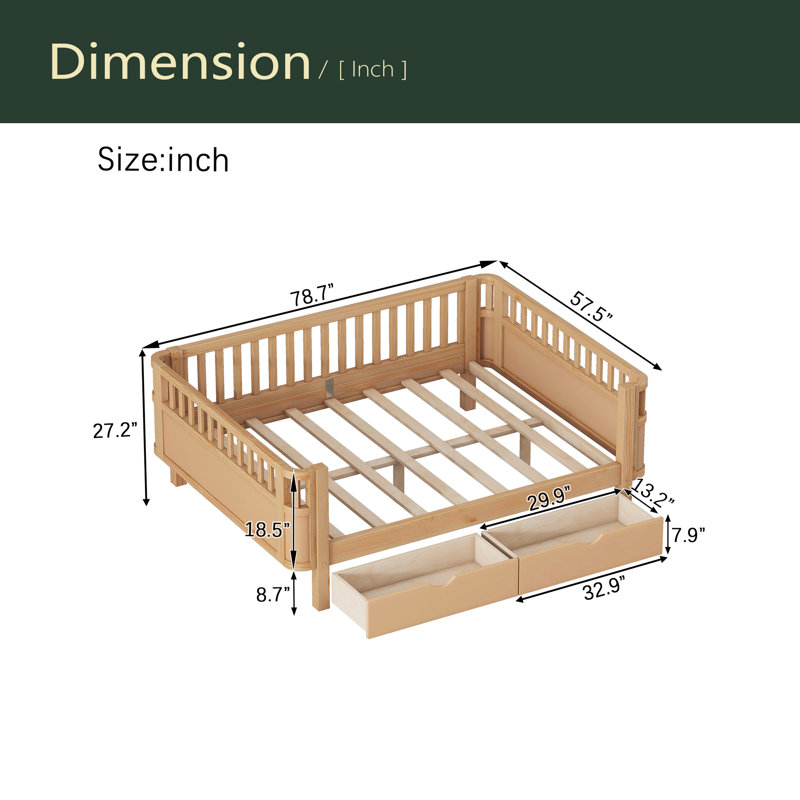 Lit plateforme en bois pour enfants, lit simple en bois à profil bas avec rails pour filles et garçons, Lit double, Naturel