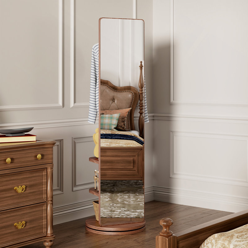 360° Rotating Multifunctional Full Length Mirror With Hook Storage Rack Coat Rack With Mirror Solid Wood Floor Mirror Bedroom Living Room Cloakroom Space Saving