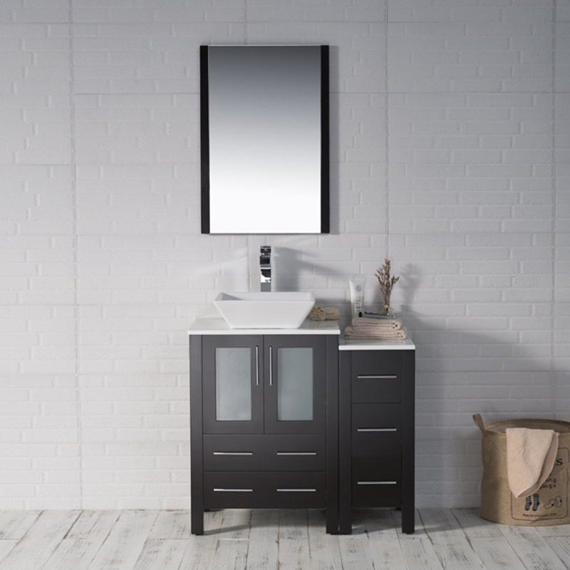 Mance 36" Single Bathroom Vanity - Vessel Sink Top with Side Cabinet & Mirror - Storage Drawers, Soft-Close Doors – Modern Bathroom Cabinet for Small & Large Bathrooms