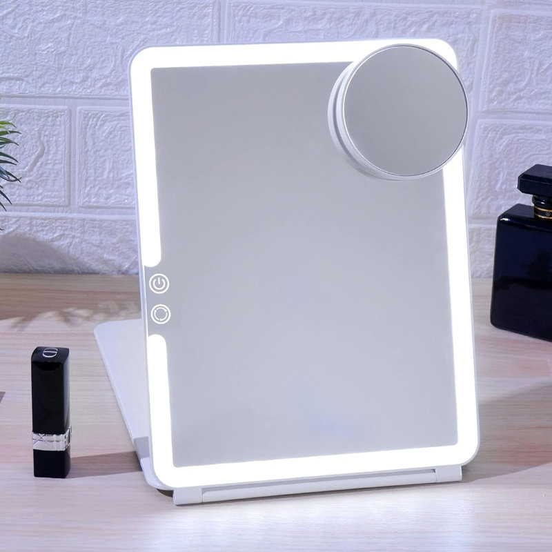 Modern LED Lighted Rechargeable 10X Magnifying Portable Foldable Travel Makeup Mirror, White