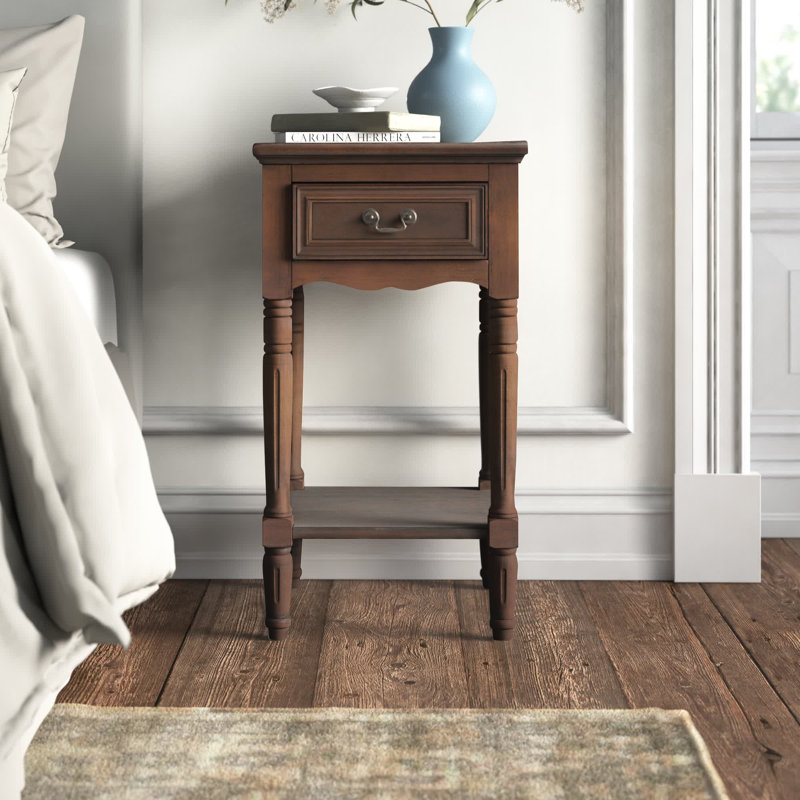 Brown Wood 1 Drawer Side End Accent Table, 16" x 16" x 29", Burnished Chestnut