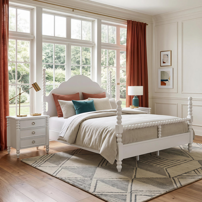 Ensemble de chambre à coucher 3 pièces Roundhill Furniture Avellune: très grand lit à colonnes avec 3 colonnes et 2 tables de chevet, finition blanche