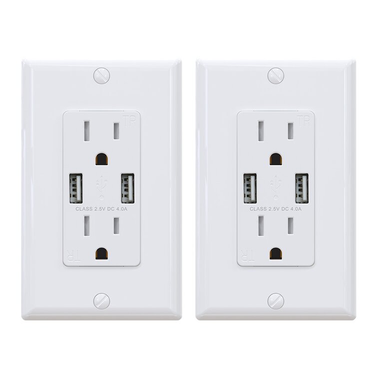 ELEGRP 4 Amp USB Dual Type A In-Wall Charger with 20 Amp Duplex Tamper Resistant Outlet, Wall Plate Included, White (2-Pack)