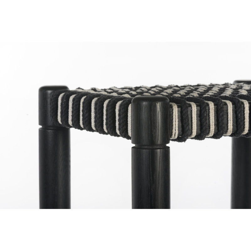 Modern Oak and Rattan Backless Accent Stool in Black/Brown/White