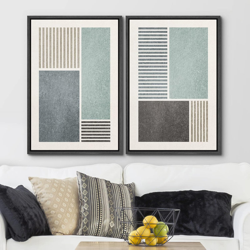 Geometric Line Minimalist Blue And Gray Rectangle And Line Abstract Shapes Modern Chic On Canvas 2 Pieces Print