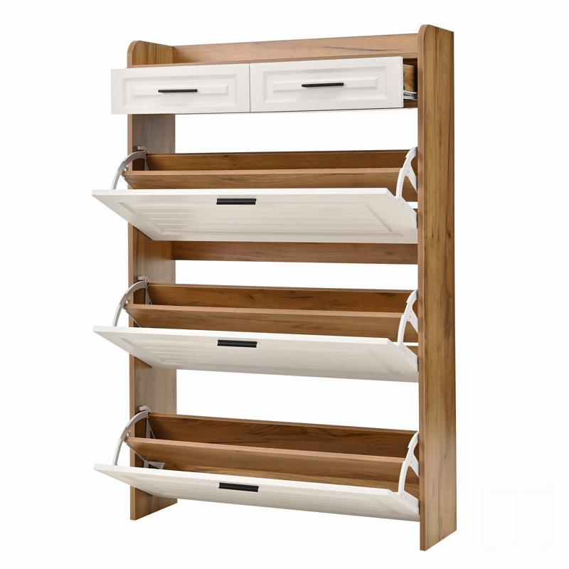 Two Drawers, Three-Fold Doors, Large Storage Shoe Cabinet, White, Brown