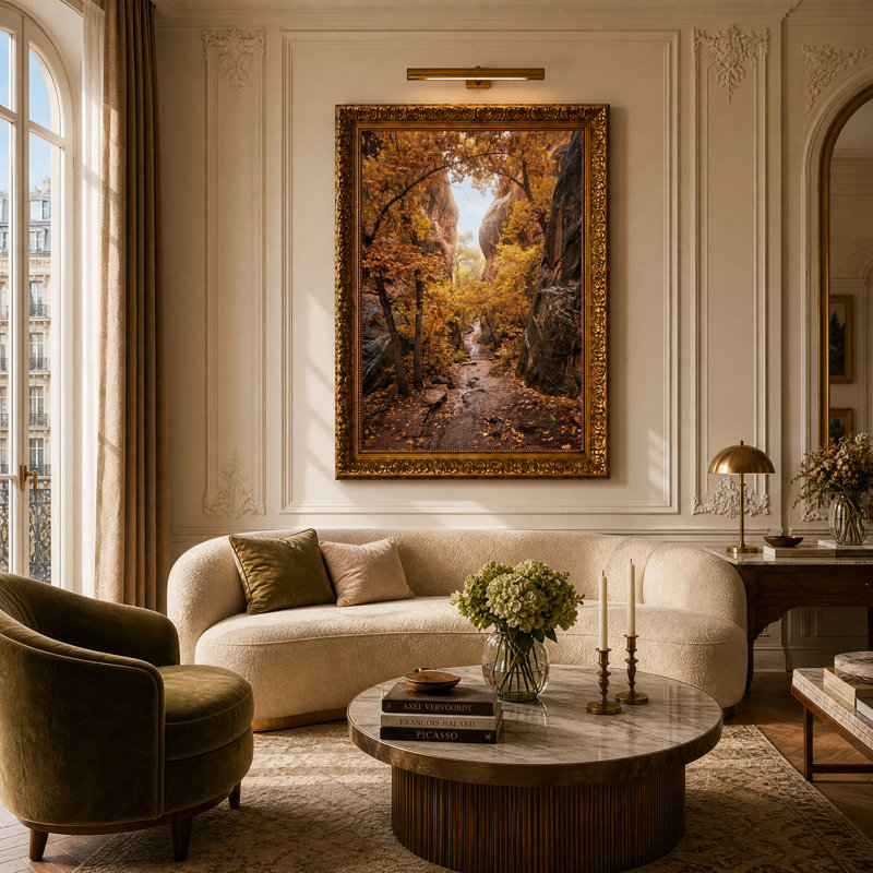 «Yellow Autumn Leaves in Narrow Canyon Stream», art mural, H 24 po x l 16 po