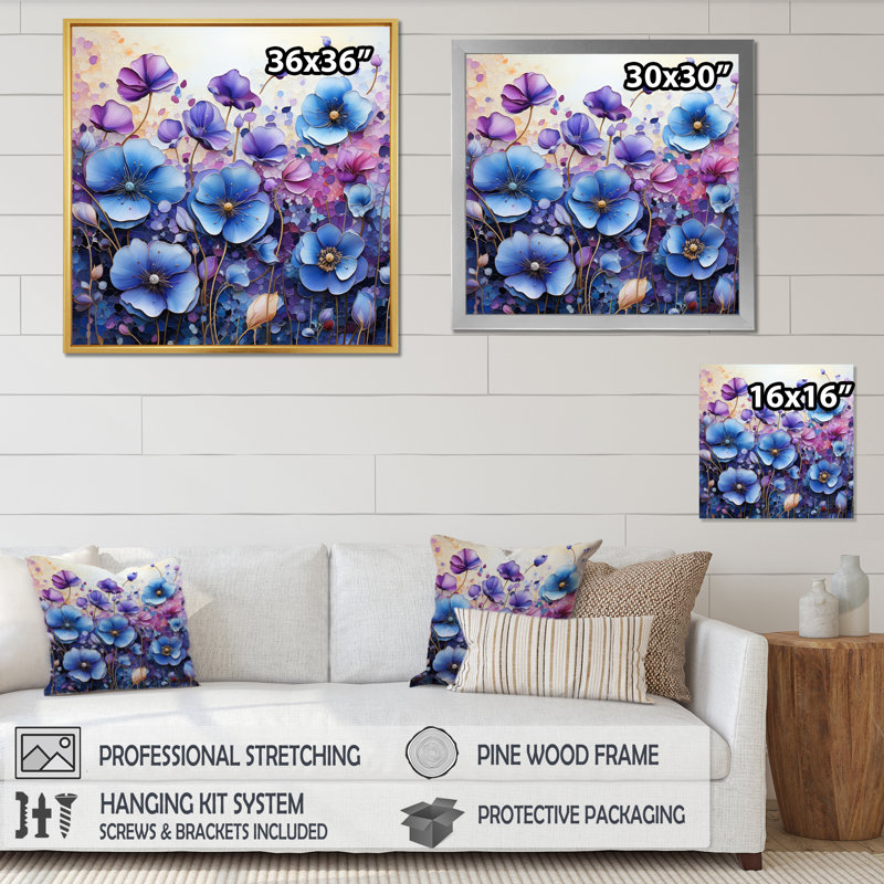 «Blue Purple Pansies Field Pointillism Dot», reproduction sur toile, H 36 po x l 36 po x P 1,5 po, Cadre flottant blanc