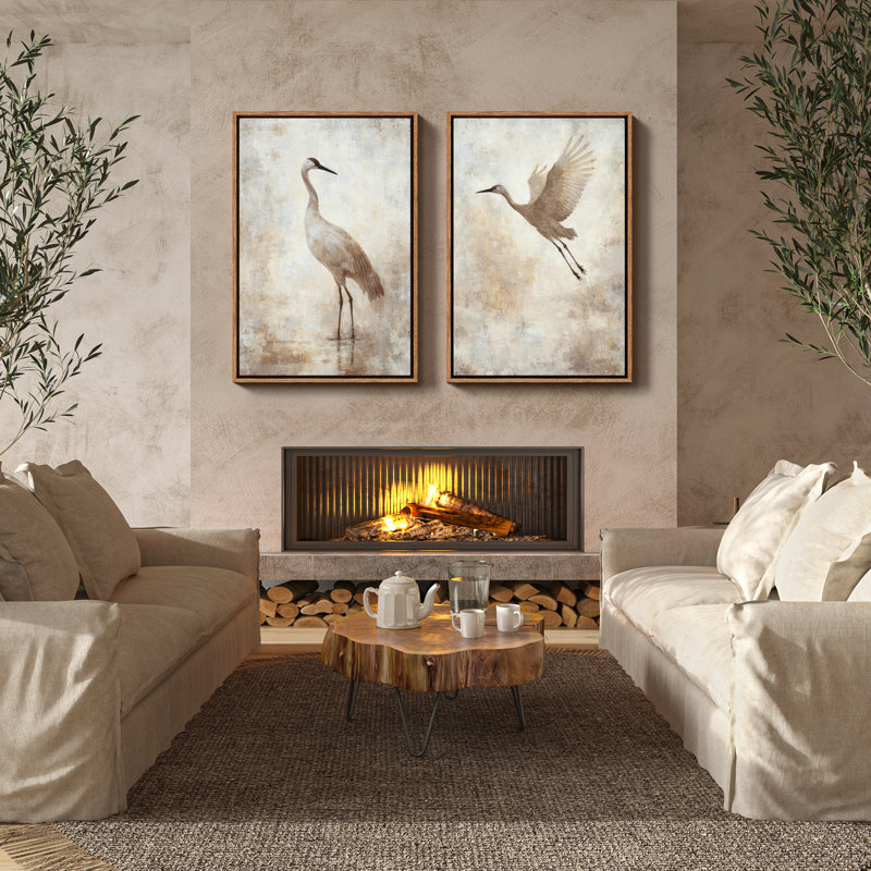 «Elegant Crane Birds», art de salon, 2 pièces, impression murale encadrée, Naturel, H 24 po x l 16 po