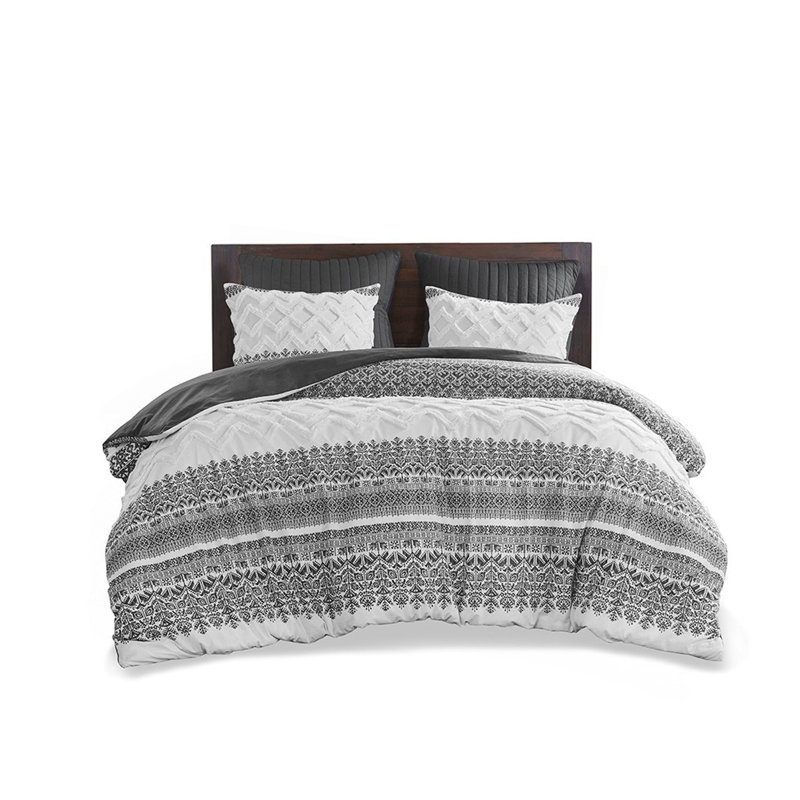 3 Piece Cotton Comforter Set With Chenille Tufting Gray Full/Queen, Full/Queen Comforter + 1 Sham 