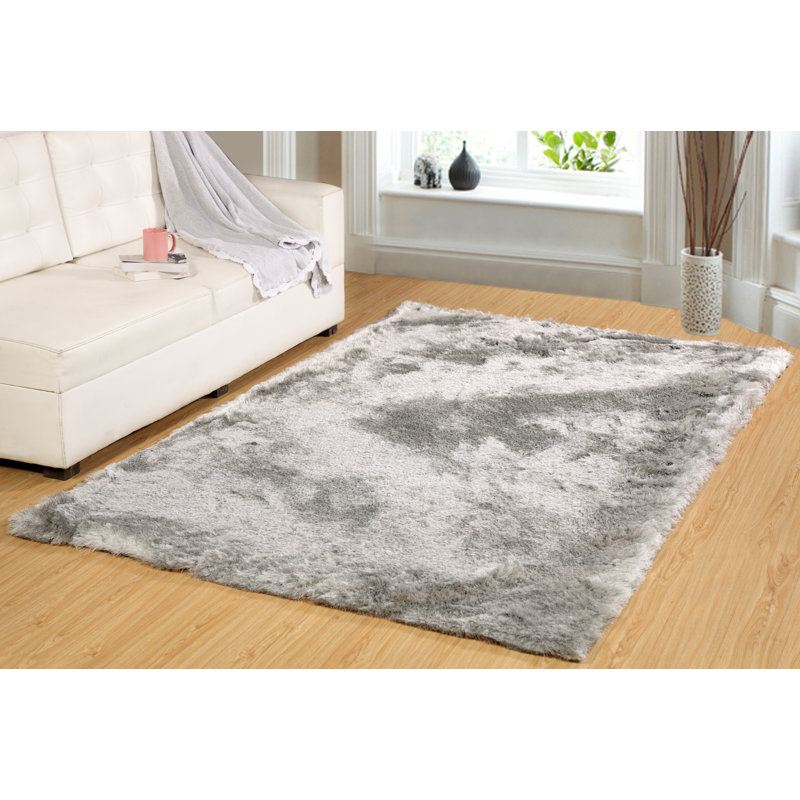 Tapis argenté à poils longs fabriqué à la main Kailyn, Rectangle 8 pi x 10 pi