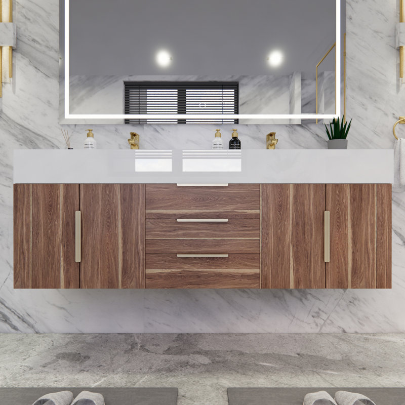 Glasgow 59'' Double Bathroom Vanity with Acrylic Top, Dark White Oak, White