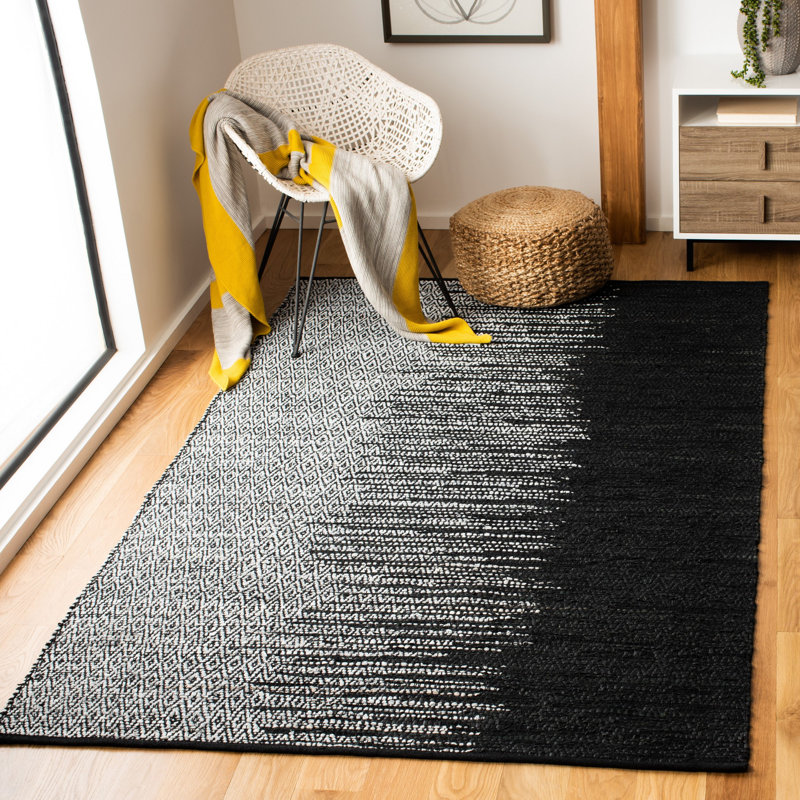 Exley Vintage Leather Hand Woven Leather/Cotton Geometric Rug in Light Gray/Black, Rectangle 5' x 8'