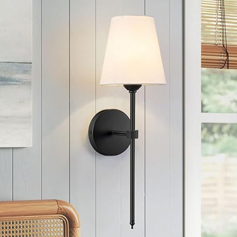 Black Metal Vanity Wall Sconces with White Fabric Shade